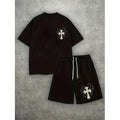 Dou-color Men's 2-in-1 Cross style Short sleeved T-shirt and Shorts Set - Black