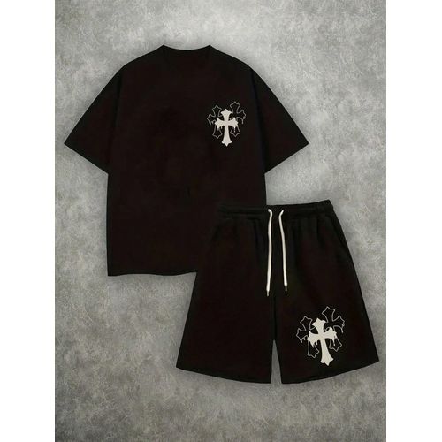 Dou-color Men's 2-in-1 Cross style Short sleeved T-shirt and Shorts Set - Black