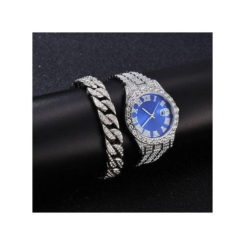 2 In 1 Men's Watch With Bracelet Cuban Chain Set - Silver