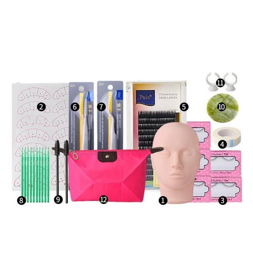 Genera Lash Extension Kit Professional Eyelash Extensions Supplies Training for Beginners Mannequin Head Grafting Lash USB Fan Lash Shampoo Brush Spraye 0.07D Curl Mix 8-15mm Practice Eyelash Strips