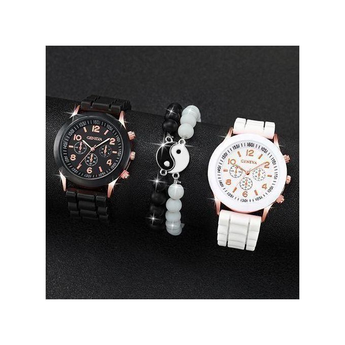 Geneva Couple Watches Women Casual Silicone Band Quartz Watch Jewelry Set
