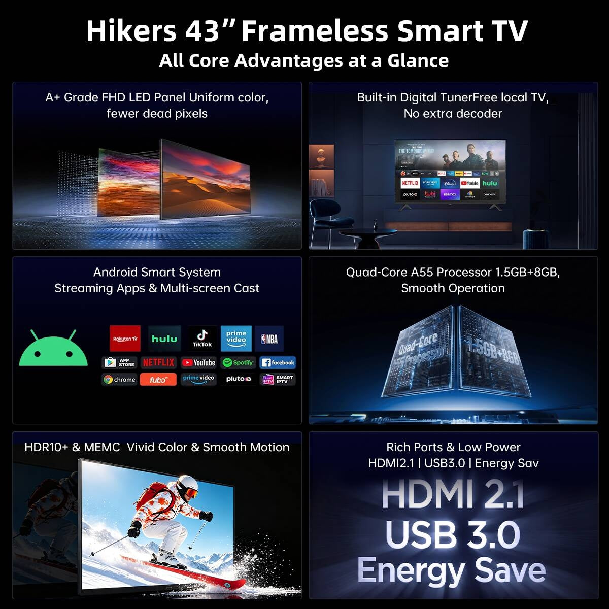 Hikers 43'' Inches Smart Frameless A+ Panel FHD Smart LED TV-Black